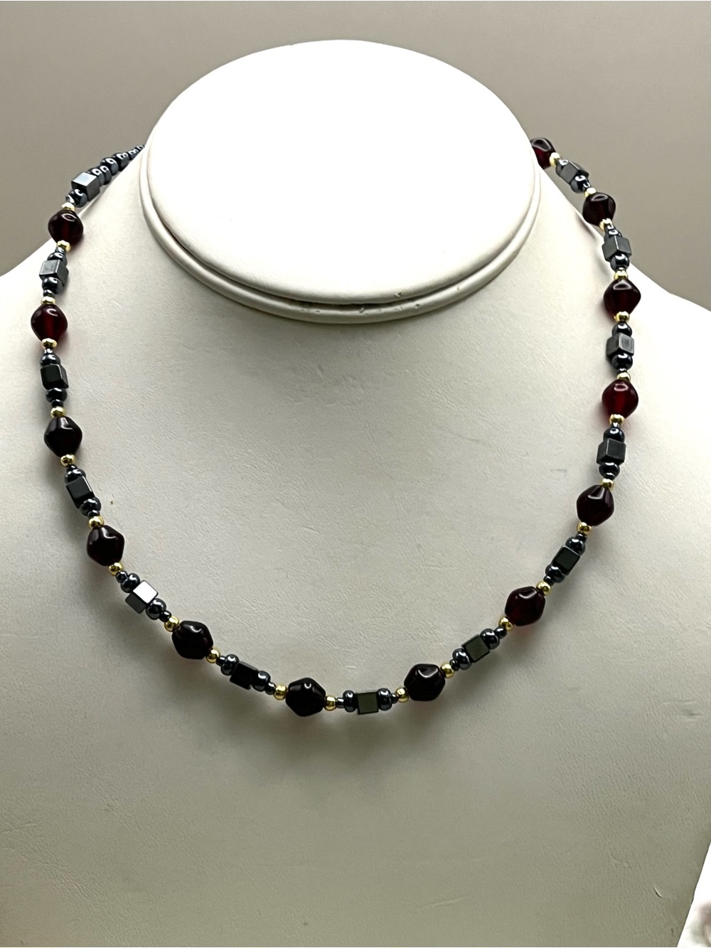 Vintage Hematite GarnetRed Glass Beaded Choker Necklace Gold Accent Barrel Clasp